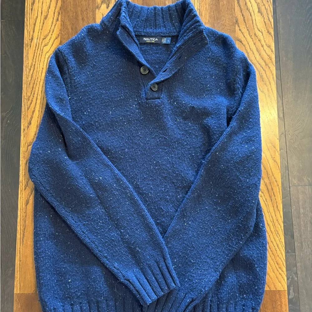 Nautica Men's Navy Blue Button Mock-Neck Zip Sweater - Picture 3 of 4